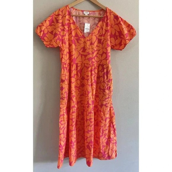 NWT J.Crew Maxi Dress Short Sleeve Orange Pink Tropical Floral Pockets 10 New - Picture 1 of 5